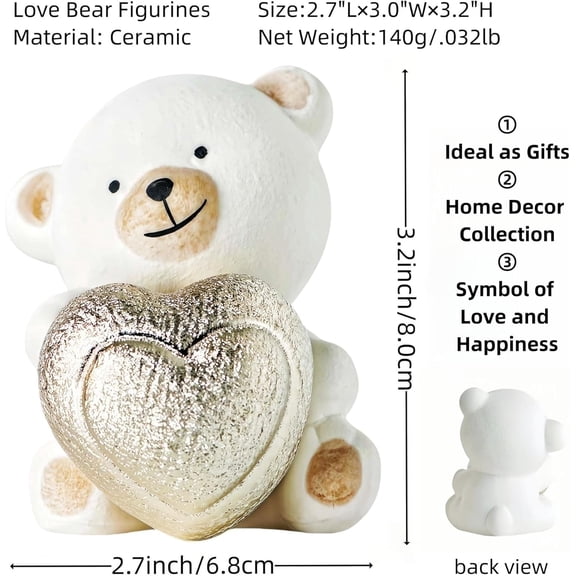 PYAN-Cute Ceramic Valentine's Day 3.2 Inch Love Bear Figurine Golden Heart Statue Wedding Shelf Livingroom Decor
