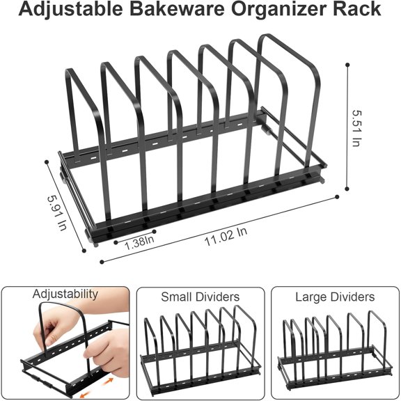 PYAN-Cutting Board Organizer Rack, 2-Pack Adjustable Bakeware Organizer Holder for Cabinet Countertop, 7 Slots Metal Rack Cookie Baking Sheet, Pot Pan Lids Divider Kitchen Organization Storage, Black