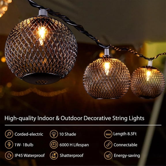 PYAN-Decorative Lantern String Lights Plug in with 10 Black Metal Ball, Connectable Waterproof Outdoor Decorative String Lights Indoor for Bedroom Patio Pergola Decor