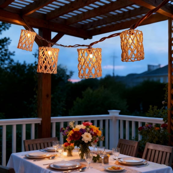 PYAN-Decorative String Lights Plug in with 10 Incandescent Bulbs, Handwoven Rattan Cylinder-shaped Boho Lantern String Lights Connectable Weatherproof Outdoor Indoor for Bedroom Patio Pergola Decor (