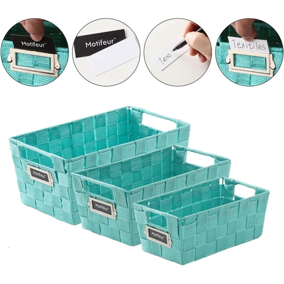 PYAN-Decorative Woven Strap Set of 3 Nesting Baskets with Cutout Handles and Labels, Bathroom Countertop Storage Bins, Handmade Organization Containers for Home Shelves, Closets and Pantry (Green)