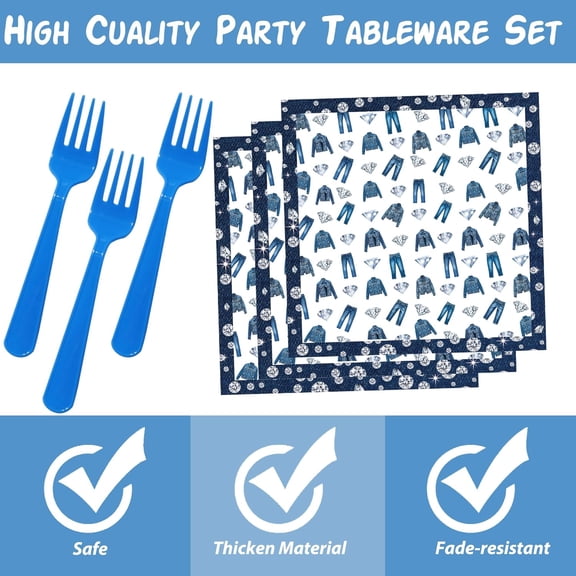 PYAN-Denim and Diamonds Party Decorations Denim and Diamonds Birthday Plates and Napkins Forks Denim Themed Jeans Disposable Table Decor Supplies for Bachelor Bridal Shower Party Decor