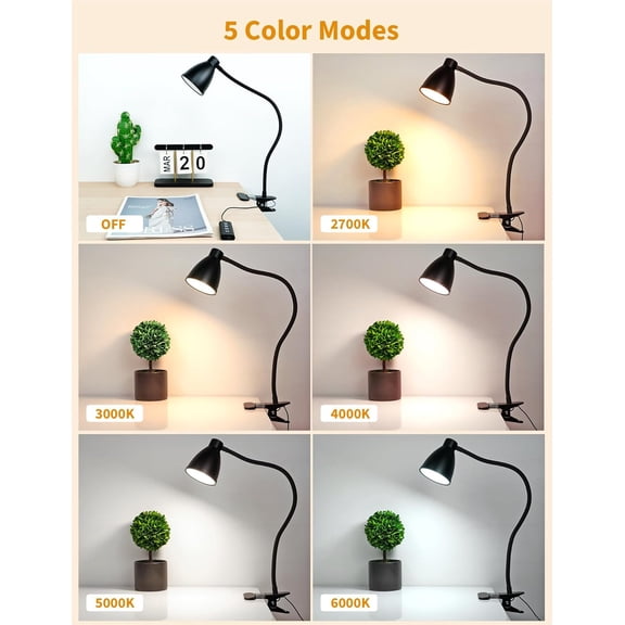 PYAN-Desk Lamp 5 Color Modes 10 Brightness Dimmer Reading Light 10W 38 LED Clamp Lamp with Auto Off Timer 360 Flexible Neck Clip on Light for Bed Bedside, AC Adapter Include