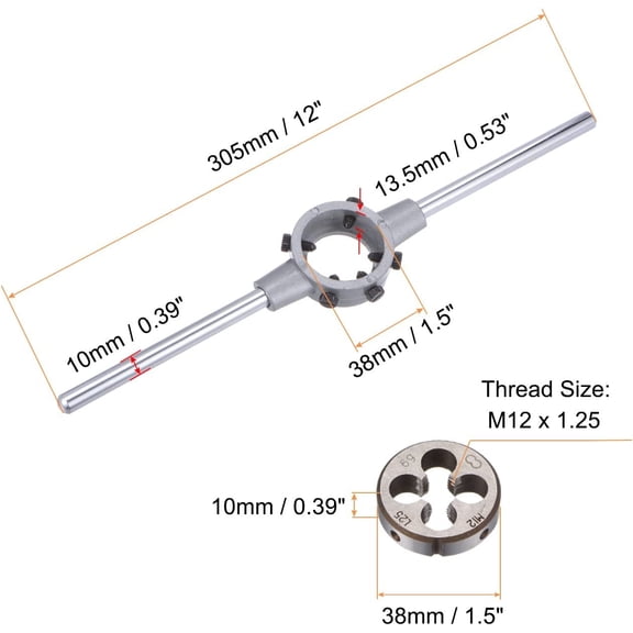 PYAN-Die Stock Handle Wrench Set, M12 x 1.25 Threading Round Die and 38mm (Fit M12-M16 Dies) Holder Adjustable Wrench Hand Tool