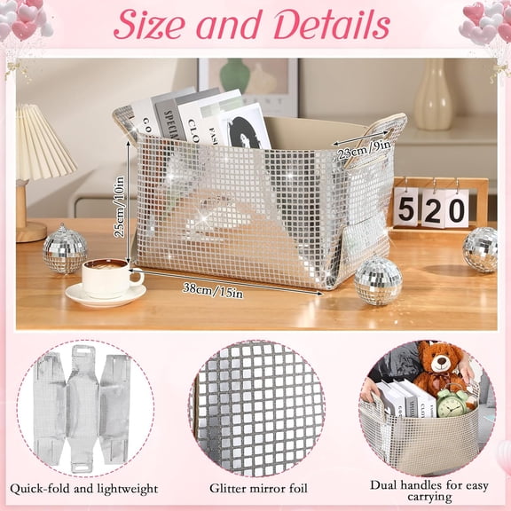 PYAN-Disco Ball Storage Basket for Organizing 15x10x9 in Glitter Silver Foldable Fabric Storage Bin with Carry Handle for Shelves Bling Felt Basket Organizer for Home Decor Office Laundry(1 Pcs)