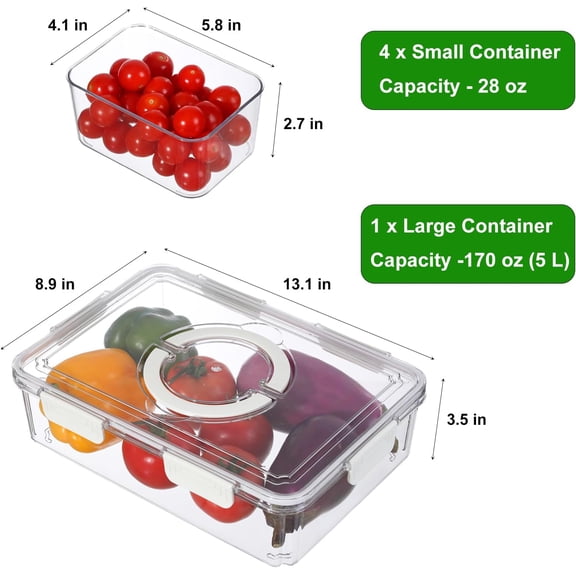 PYAN-Divided Serving Tray with Airtight Lid and Handle, 4 Compartment Snackle Box Container, Portable Snack Platters, Clear Fridge Organizer & Food Storage for Veggie, Fruit, Charcuterie, Nuts
