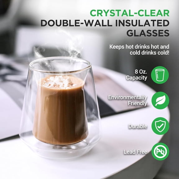 PYAN-Double Wall Insulated Glasses - 2pcs 8 oz High Borosilicate Glass Sweat Free Mugs Clear Drinkware for Hot/Cold Drinks, Coffee, Espresso, Cappuccino, Latte, Tea, Microwavable, Dishwasher Safe