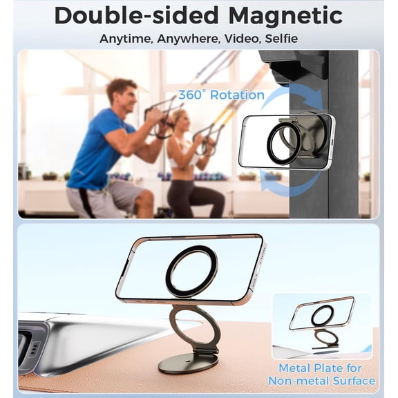 PYAN-Dual Magnetic Phone Holder for MagSafe, 1/4" Screw Tripod Mount Adapter, Gym Magnet Phone Stand with Kickstand for iPhone 16 Pro Max 15 14 13 12 MagSafe Case Cell Phone