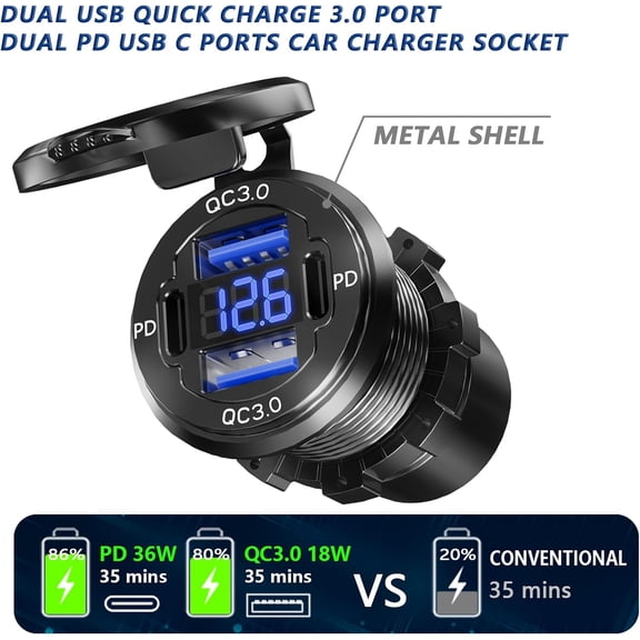 PYAN-Dual PD USB C Ports & Dual Quick Charge 3.0 Ports Car Charger Socket, Aluminum Alloy Waterproof 12V USB Outlet, Accessories for Car Boat Marine Motorcycle RV ATV Truck Golf Cart, etc