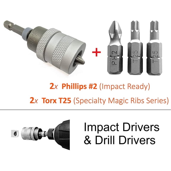 PYAN-ELECTRIC DRILL to SCREWGUN CONVERTER Adjustable Clutch Drywall Tool Screw Depth Setter w/Manganese S2 Phillips 2 Screwdriver Bit | Countersink Plywood Deck PH2 Screws | 1/4 Shank Fits Corded Cor