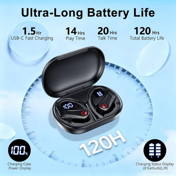 PYAN-Earbuds Wireless Bluetooth 6.1, Ear Buds Wireless Bluetooth Earbuds Built-in Microphone with Earhooks & Ear Hook, Over the Ear Earbuds with Wireless Charging Case & Display (Black)
