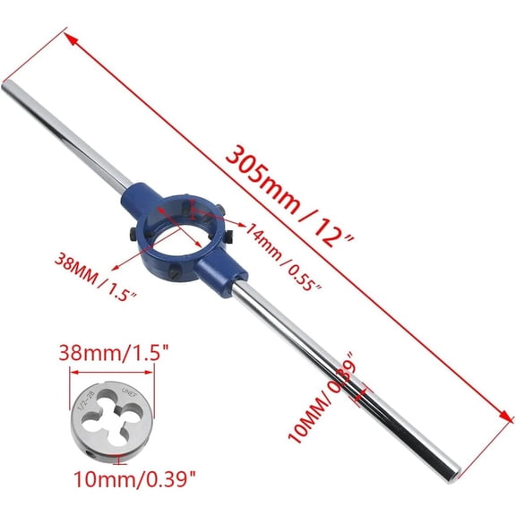 PYAN-Efficient Die Stock Handle Wrench Set, 1/2-28 UNEF Threading Die with 38mm/ 1.5" Round Die Holder, Suitable for M12-M16, Bolt Thread Repair Adjustable Metal Mechanics & DIY Use 12" Length