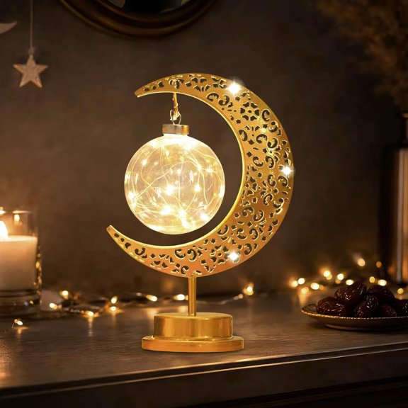 PYAN-Eid Decorations for Home, Crescent Moon Lamp with Glass Globe, Battery Operated Islamic Night Light for Ramadan Kareem Eid Mubarak Decorations & Gifts