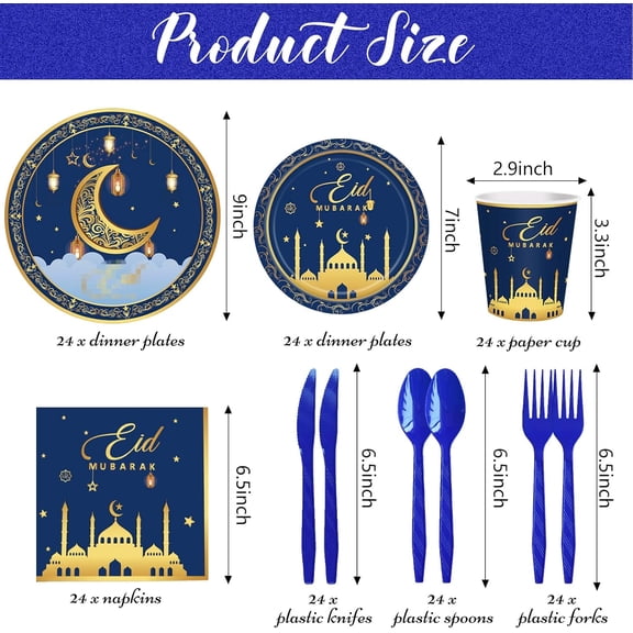 PYAN-Eid Mubarak Party Supplies Set 24 Pack Tableware Set for Ramadan Eid Celebrations - Include Plates, Paper Cups, Napkins, Gold Foil Cutlery (Blue)