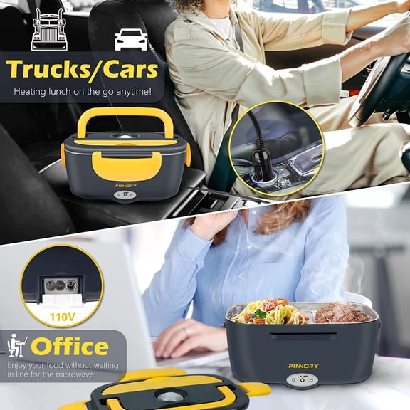 PYAN-Electric Lunch Box Food Warmer, 80W Food Heater 3 in 1 12/24/110V for Car and Home, Lunch Heating Microwave for Truckers with 304 Stainless Steel Container, Heated Food Box with Tableware