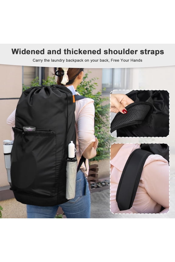 -Extra Heavy Duty Large Backpack Laundry Bag with Comfortable Padded Shoulder Straps & 4 Pockets, Drawstring bag for Dorm, College, Travel, Black