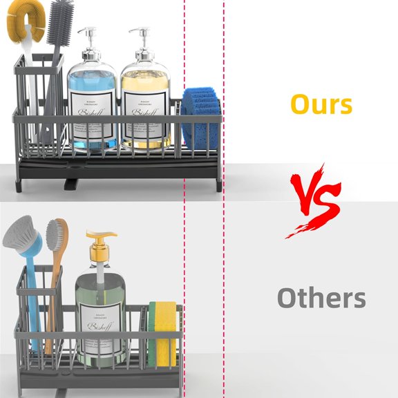 PYAN-Extra Large Sponge Holder for Kitchen Sink Organizer Caddy, Dish Brush Scrubber Holder,Stainless Steel Sink Box Utensil Holder,Soap Dispenser Set Tray Counter Accessories(Grey)