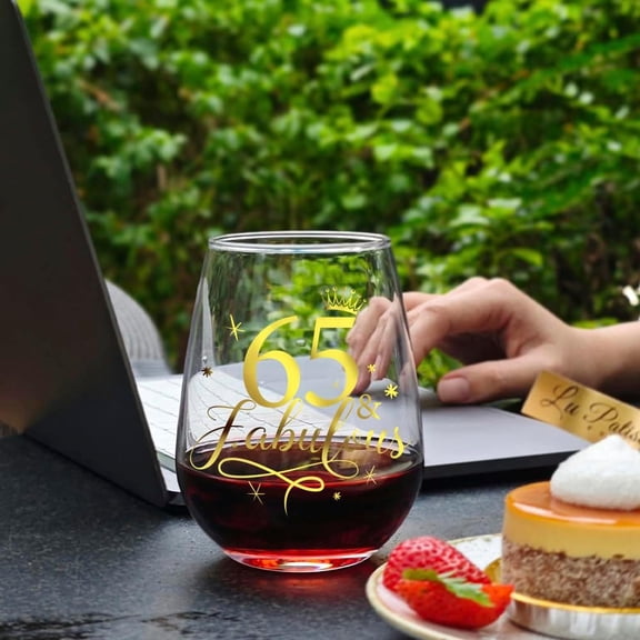 PYAN-Fabulous Stemless Wine Glass & Linen Wine Gift Bag 15oz, Glitter Gold Design Happy Birthday Presents Wine Glass Gifts for Mom Dad Grandparents Woman Man Friends Aun (65th star)