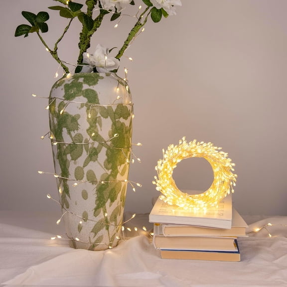 PYAN-Fairy Lights Plug in, 20FT 200LED Firecracker String Lights Waterproof Silver Wire, for Bedroom/DIY/Party/Garden/Porch/Patio/Backyard/Christmas Tree, with Remote Timer & 8 Modes, Warm White