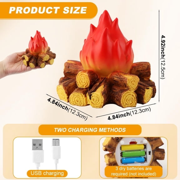PYAN-Fake Campfire Night Light, 3D LED Fake Fire Pit Firewood Lamp, Artificial Fire Flame with Realistic Log Flameless Candle for Halloween Christmas Festival Campfire Party Decoration(Size:1pc)
