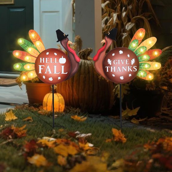 PYAN-Fall Decorations Outdoor Metal Garden Stake Lights Thanksgiving Autumn Harvest Lighted Garden Stakes Turkeys with Fall Letter Yard Signs for Outdoor Home Lawn Patio Decor