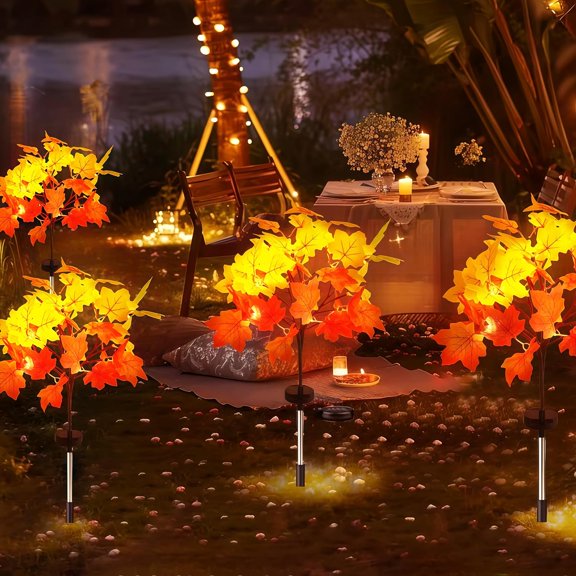 PYAN-Fall Solar Lights Outdoor Decorative, 2Pack 40LED Solar Fall Lights Waterproof for Yard & Garden,Fall Outdoor Decorations for Yard, Maple Leaf Thanksgiving Halloween Christmas Grave Dcor (2 Pac