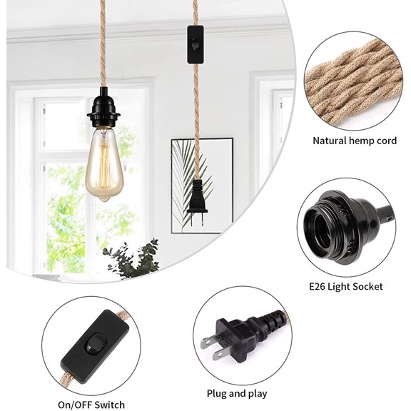 PYAN-Farmhouse 15ft Pendant Lights - Hanging Lights with Plug in Cord Hemp Rope Pendant Lights Rustic Hanging Lamps that Plug into Wall Outlet for Kitchen Island Bedroom DIY Decor - 2 Pack