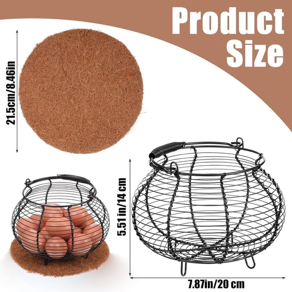 PYAN-Farmhouse Wire Egg Baskets for Gathering Fresh Egg with Handle & Mat Round Metal Chicken Eggs Collecting Basket Small Metal Wire Basket Eggs Gathering Baskets Countertop Round Chicken Baskets