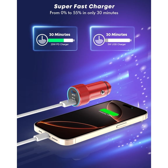PYAN-Fast Car Charger for iPhone 16,USB C Charging iPhone 2Pack Dual USB C Port Car Charger Block Cigarette Lighter Adapter Plug with Woven Braided USBC to USBC Cord for iPhone 16/16 Pro/15/iPad(Red)