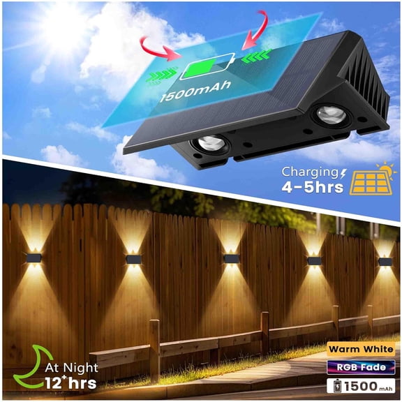 PYAN-Fence Lights Solar Powered, 2-Pack Solar Fence Lights Up/Down Flexible Buttons, IP67 Waterproof for Outdoor, 100LM Bright, Auto Dusk to Dawn for Wall/Stairs/Yard/Railing/Deck/Pathway (White & RG