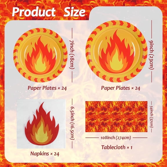 PYAN-Fire Party Tableware Set 73PCS, Little Firefighter Birthday Party Supplies with 9 & 7 Inch Flame Plates, Fire Napkins and Flame Tablecloth for BBQ, Camping, Picnic Decorations