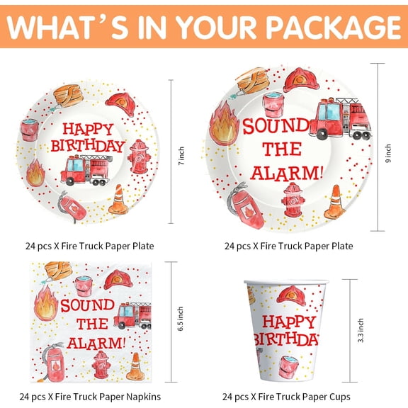PYAN-Fire Truck Birthday Party Supplies Tableware - Firefighter Party Decorations Include Plates, Cups, Napkins, Tablecloth, Cutlery, Straws, Fireman Birthday Party Supplies | Serve 24