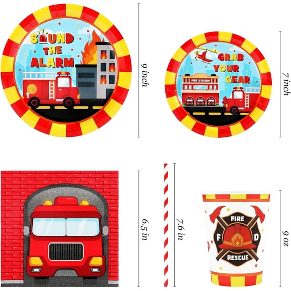PYAN-Firetruck Birthday Party Supplies Decorations, Fire Truck Theme Paper Plates and Napkins Set for 24 Guests, 120 Pcs Disposable Firefighter Party Dessert Dinnerwares