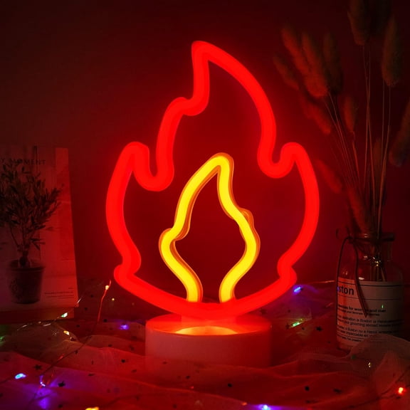 PYAN-Flame Neon LED Sign, Fire Neon Light with Base Room Decor LED Lamp USB/Battery Powered Flaming Neon Art Sign for Man Cave Bedroom Wedding Cafe Bar Party