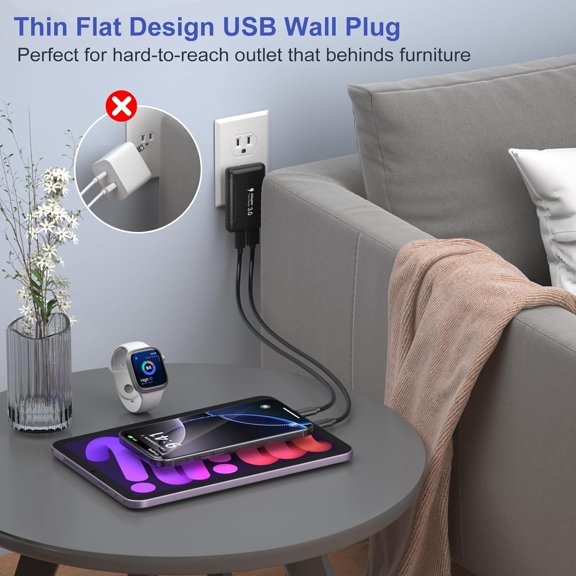 PYAN-Flat USB C Wall Charger, 3-Pack 50W Extra-Slim Foldable Plug Dual USB Charger,PD30W USB-C Fast Charging Blocks Multiport Travel Power Adapter for iPhone 17 Air 16 15 14 13 12 Pro,iPad,Galaxy S2