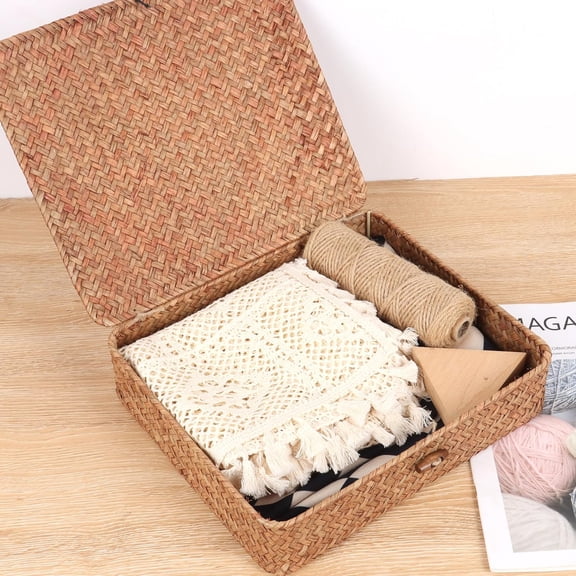 PYAN-Flat Wicker Shelf Baskets with Lid, Handwoven Seagrass Basket Boxes for Storage Baskets Bins Home Decor Organizer (Coffee Small)