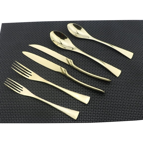 PYAN-Flatware Set 18/10 Stainless Steel Mirror Polished Champagne gold Cutlery - Silverware Utensil Set of Steak Knife Dinner Fork Knife Spoon Salad Fork Dessert Spoon,6 Piece Service for 1