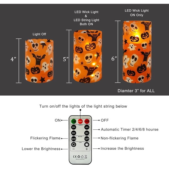 PYAN-Flickering Flameless Candles Halloween Pumpkin Ghost Print, Embedded Star String Lights, Battery Operated Acrylic LED Pillar Candles with 11-Key Remote and Timer for Home Decoration, 3 Pack