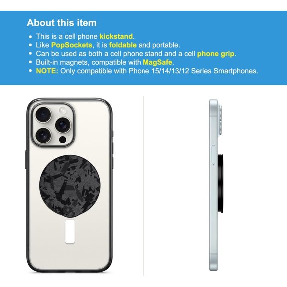 PYAN-Foldable Phone Grip - Magnetic Cell Phone Stand Holder - Compatible with Mag Safe - Microfiber Leather Kickstand for iPhone 15/14/13/12 Series - Wireless Charging Compatible - Black