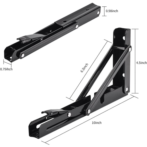 PYAN-Folding Shelf Brackets, 10 Inch Heavy Duty Collapsible Shelf Bracket, Black DIY L Bracket for Workbench Folding Table Hinge, Max Load: 330lb, 2 Pack