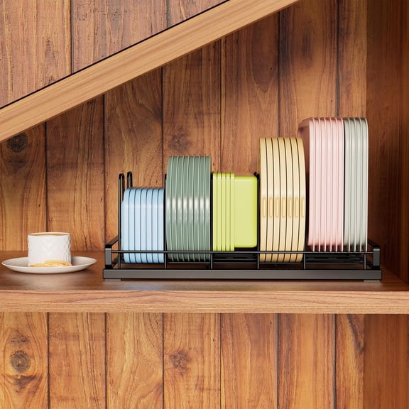 PYAN-Food Container Lid Organizer, Adjustable 6 Dividers Full-Metal Pot and Pan Organizer Rack for Kitchen Cabinets, Drawers, Cupboards, Pantry Shelves Storage, Black