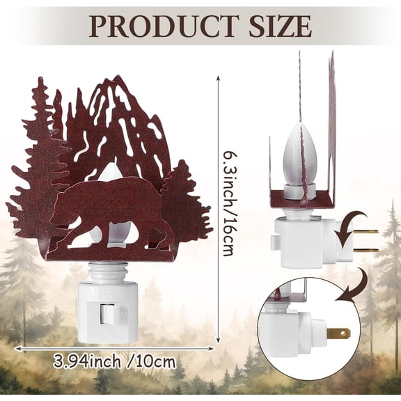 PYAN-Forest Bear Plug in Night Light Wilderness Farmhouse Bear Forest Mountain Night Light Decorative Vintage Cabin Metal LED Lamp Decor for Holiday Bedroom Living Room Bathroom Christmas Gift