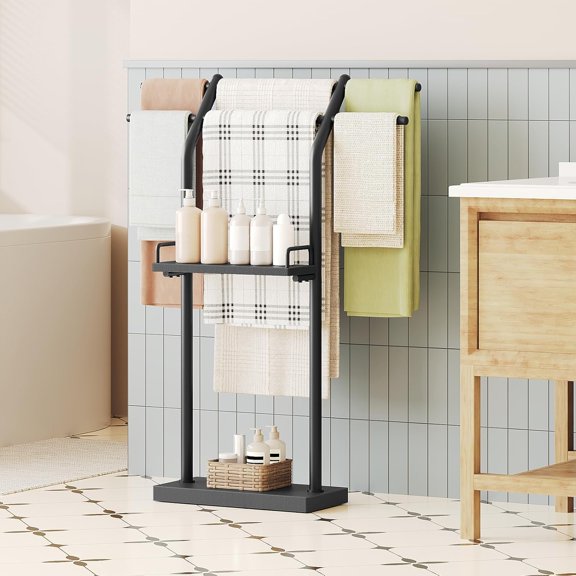 PYAN-Free Standing Towel Rack, Taller Double-T Shape Bath Sheet Holder for Bathroom, Floor Blanket Holder Stand with Weighted Base, 4-Tier Towel Storage Rack, for Living Room, Balcony, Black CJ20BB