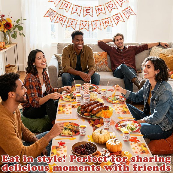 PYAN-Friendsgiving Party Decorations Plates Sets - Serve 12 Guests Tableware Sets, Disposable 2 Size Paper Plates/Napkins/Straws/Tablecloth/Banner/Cups/Forks/Knife/Spoon for Happy Thanksgiving Party