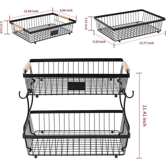 PYAN-Fruit Basket Bowl 2 Tier Detachable with 2 Banana Hangers, Fruit Stand Holder for Kitchen Countertop, Metal Wire Vegetable Storage Organizer, for Bread Snack Veggies Produce, Black