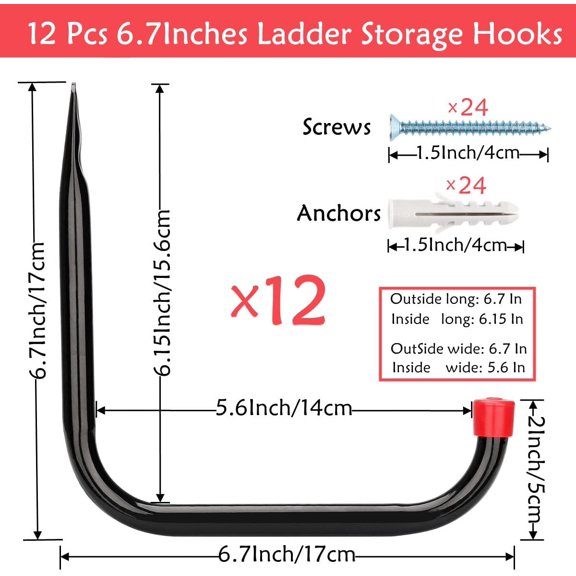 PYAN-Garage Storage Ladder Hook, 12 Pack Heavy Duty Utility Hooks, 6.7Inch Garden Tool Organization Hanger by Black
