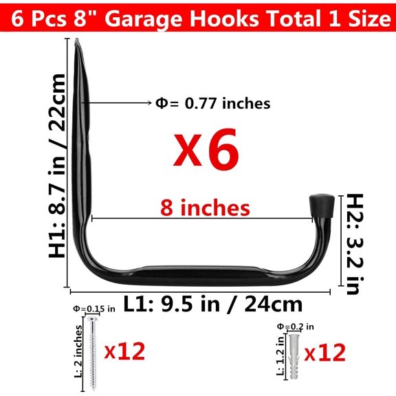 PYAN-Garage and Garden Storage Utility Hooks Heavy Duty Jumbo Arm Hanger (6 Pcs Black 8" J Hook)