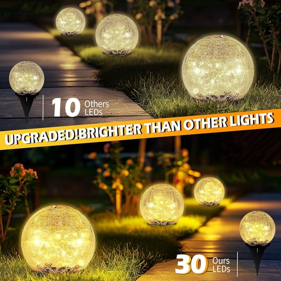 PYAN-Garden Solar Ball Lights Outdoor Waterproof, 30 LED Cracked Glass Globe Solar Power Ground Lights for Path Yard Patio Lawn, Christmas Decoration Landscape Warm White(2 Pack 3.9'')