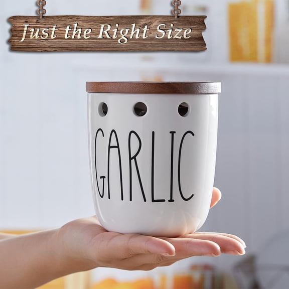 PYAN-Garlic Keeper for Counter, Ceramic Garlic Keeper with Acacia Wood Lid, Garlic Holder Storage Container to Keep Your Garlic Cloves Fresh Longer, Garlic Saver for Kitchen, White
