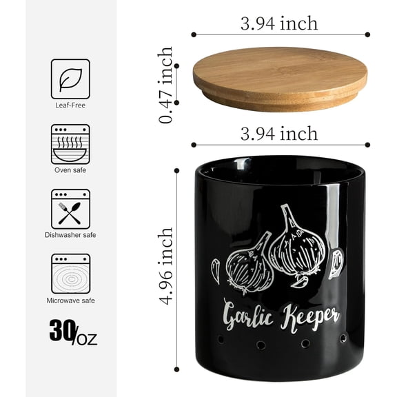 PYAN-Garlic Keeper, Garlic Storage, Garlic Holder, Ceramic Garlic Container with Wood Lid, Farmhouse Garlic Keeper for Counter, Garlic Saver for Kitchen, Black